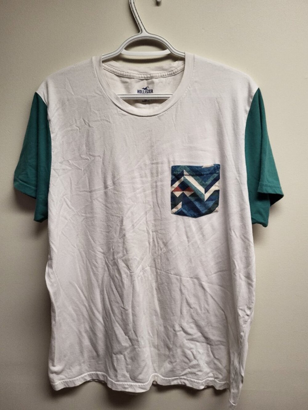 Hollister Pocket T Shirt Men's XL White Teal Colorblock Short Sleeve Tee